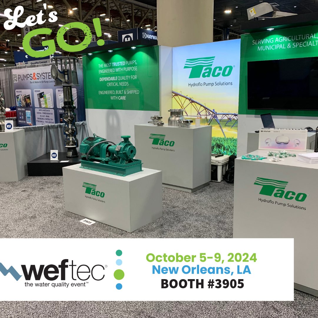 TacoComfort's tweet image. 🌟 Join Us at WEFTEC! 🌟
We'll be at the Ernest N. Morial Convention Center in New Orleans, LA, from October 7 to 9.

Come see our Taco Hydroflo Pump Solutions team at Booth #3905! #WEFTEC #TacoComfortSolutions #WEFTEC #TacoComfortSolutions