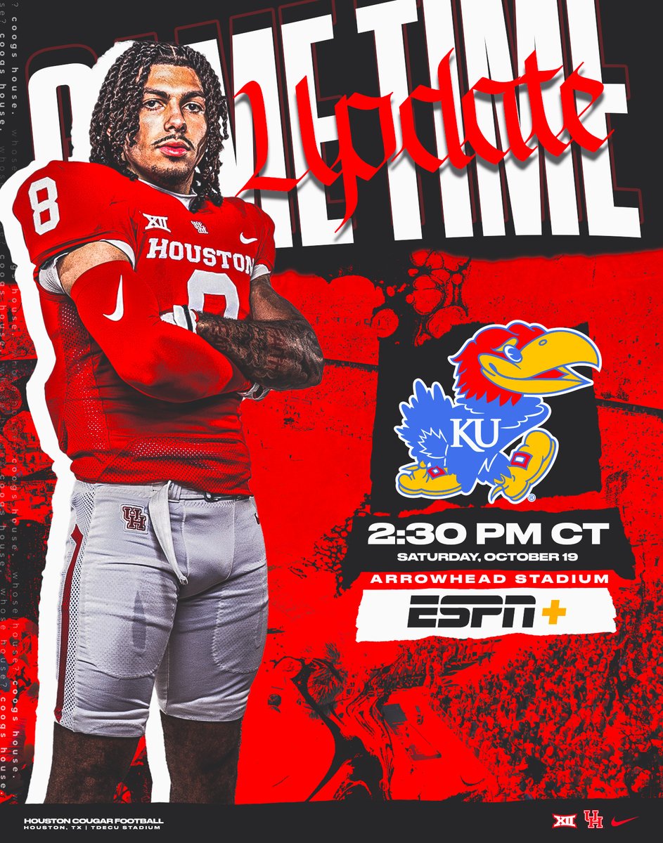 Houston, Kansas to kick at 2:30 p.m. CT on ESPN+ inside GEHA Field at Arrowhead Stadium.

➡️ bit.ly/CoogsatKU