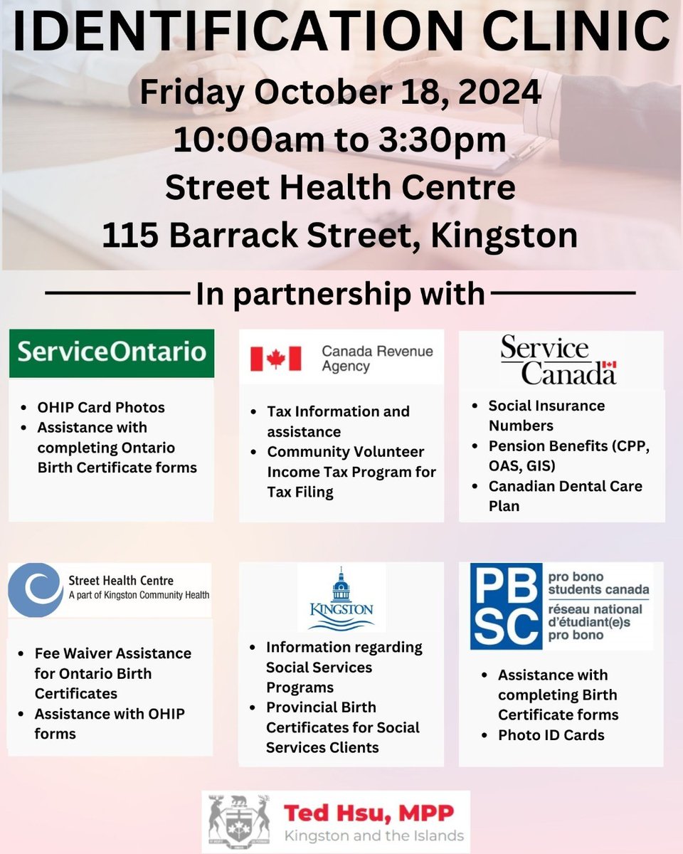 Need help with essential documents? We’ve got you covered! Join us on Friday, October 18th at the Street Health Centre from 10:00 a.m. to 3:30 p.m. for our comprehensive ID Clinic!

Spread the word and tag someone who might need this! See you there!