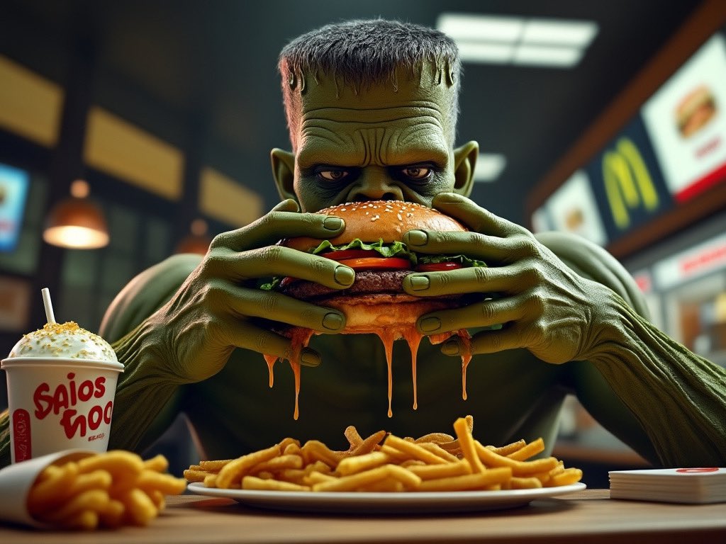 _spudmonkey's tweet photo. Frankโs Lovinโ it ๐๐
#frankenstein #mcdonalds #bigmac #fries
#pixverse #ai #aiart #aiartcommunity #grok
#spudmonkey #fypใท