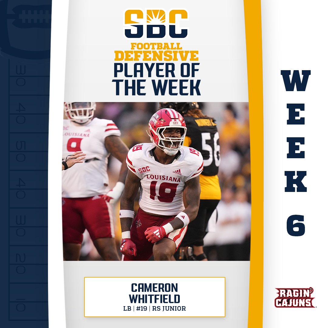 𝗖𝗔𝗟𝗟𝗜𝗡𝗚 𝗢𝗡 𝗖𝗔𝗠𝗘𝗥𝗢𝗡.

A four-sack and two forced-fumble effort from <a href="/Cwhitfield48/">Cameron whitfield</a> helps propel <a href="/RaginCajunsFB/">Louisiana Ragin’ Cajuns® Football</a> to a 23-13 conference-opening win over Southern Miss and himself to the <a href="/SunBeltFB/">Sun Belt Football</a> Defensive Player of the Week nod. ☀️🏈

📰 » sunbelt.me/3ZOUG8h