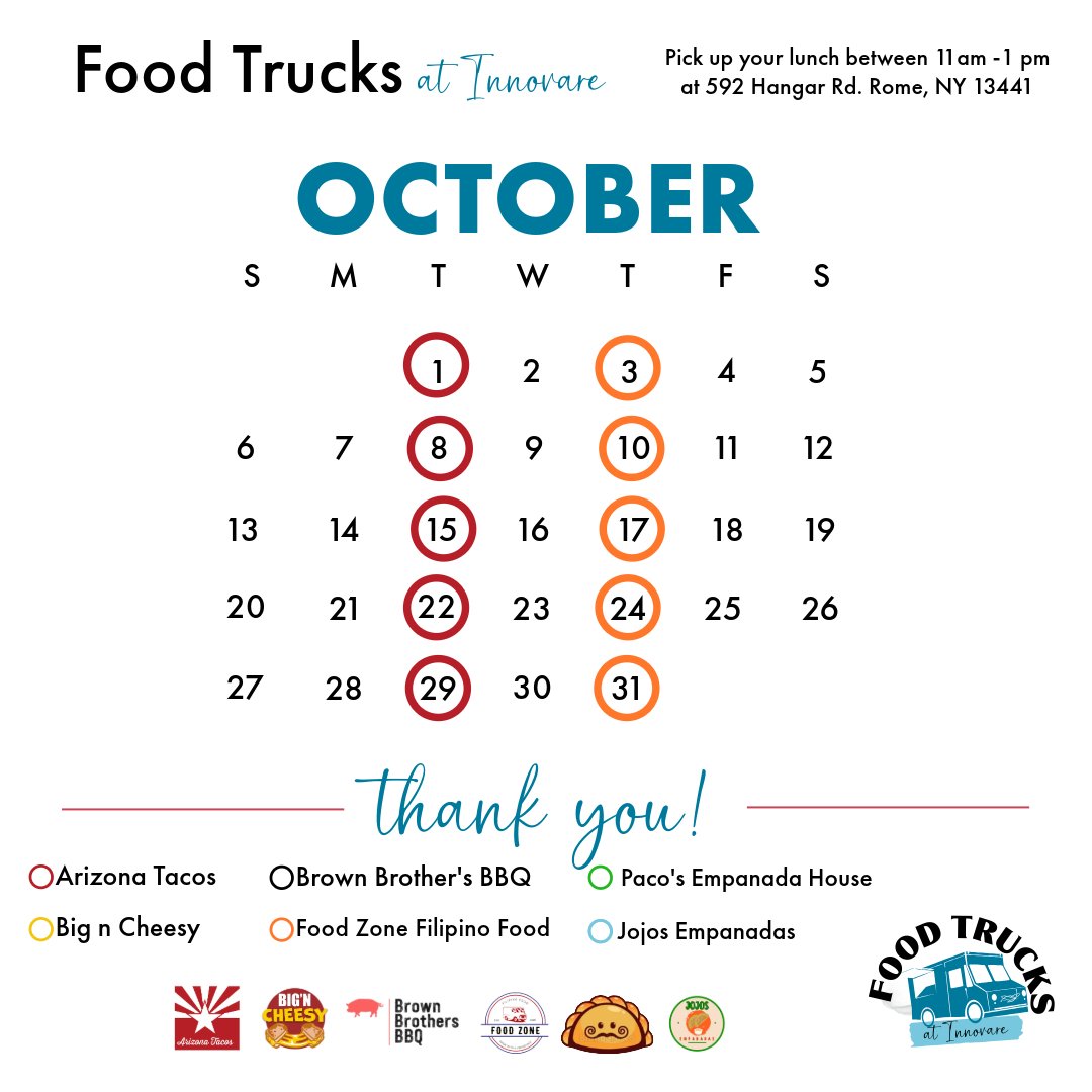 Wrapping up food truck season! 🍲🌞 Huge thanks for making each lunch special. What trucks do you want next year at Innovare? Here is our October schedule! 🚚 

#EatLocal #ThankYou #FoodTruckSeason #FoodTrucksatInnovare