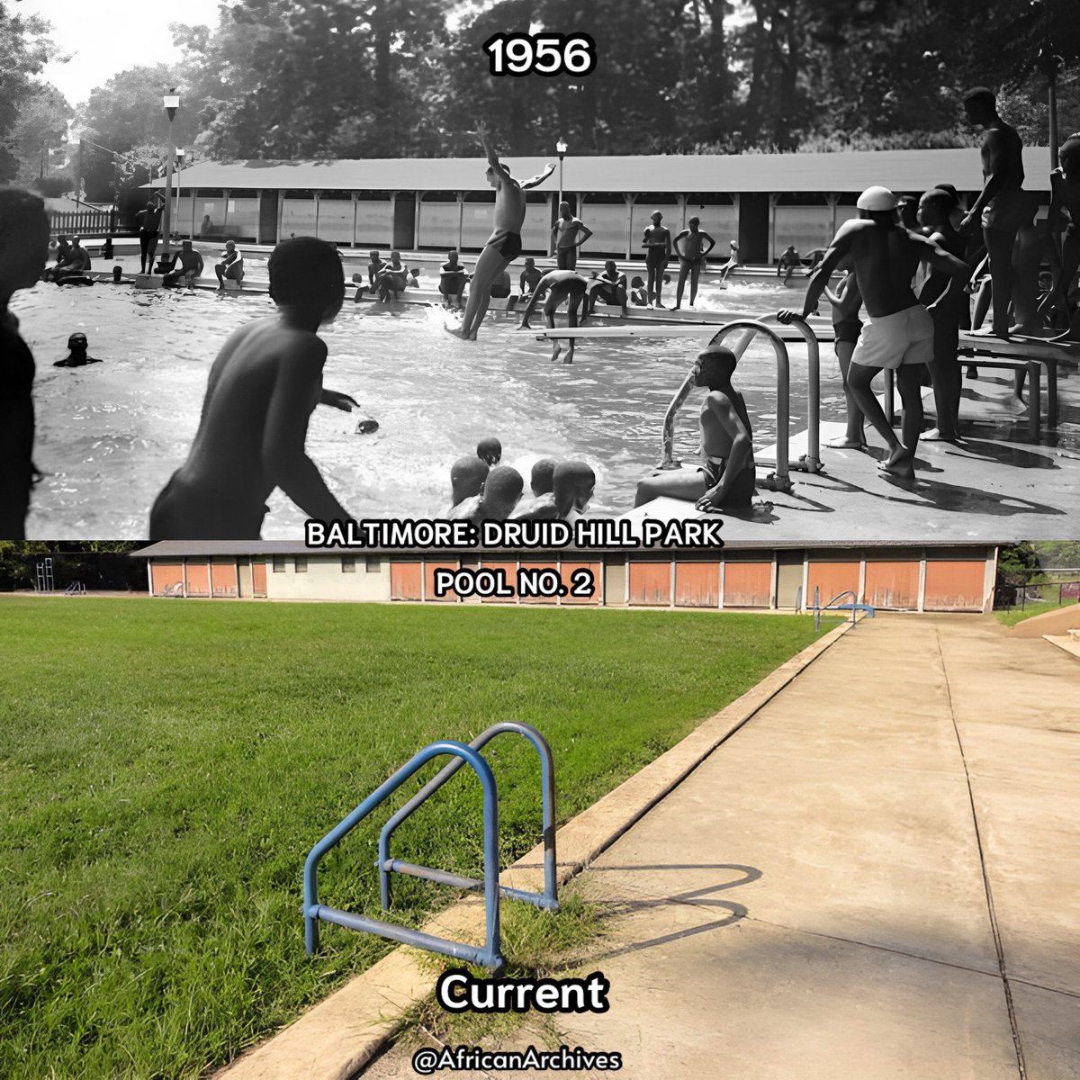 BALTIMORE: DRUID HILL PARK
POOL NO. 2 

Built: 1921
Desegregated: 1955
Drained: 1956
 
Public pools were common in American cities before the 1950s and most were officially “whites only”. When the Supreme Court declared segregated access to public amenities (such as pools) to be