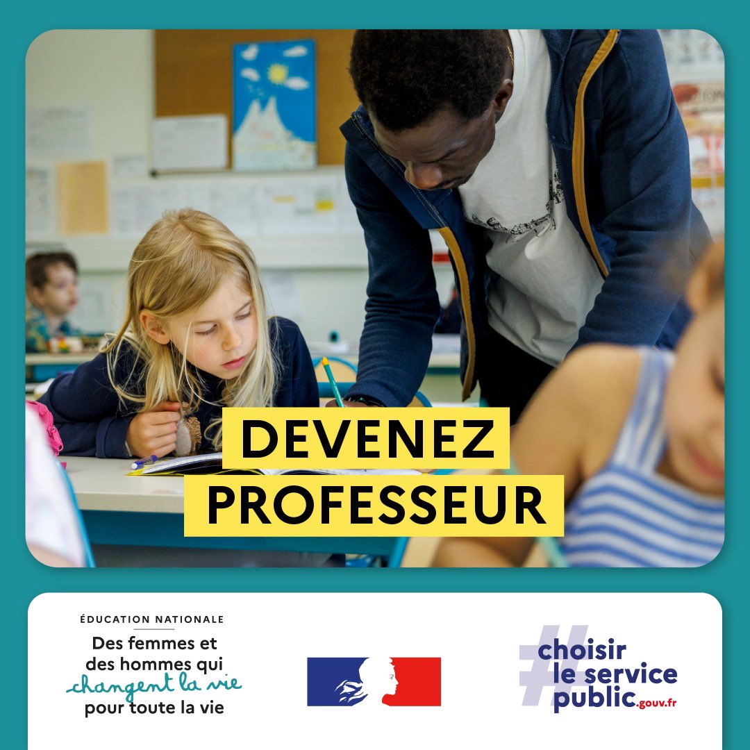 acguyane's tweet photo. Et si vous deveniez enseignant ?

L’Education Nationale recrute des professeurs des écoles, collèges et lycées par voie de concours.

Les inscriptions aux concours sont ouvertes depuis le 01er octobre et se dérouleront jusqu’au 07 novembre. 

▶️ https://t.co/d8j3UzY5fJ https://t.co/unkoXI9QUF