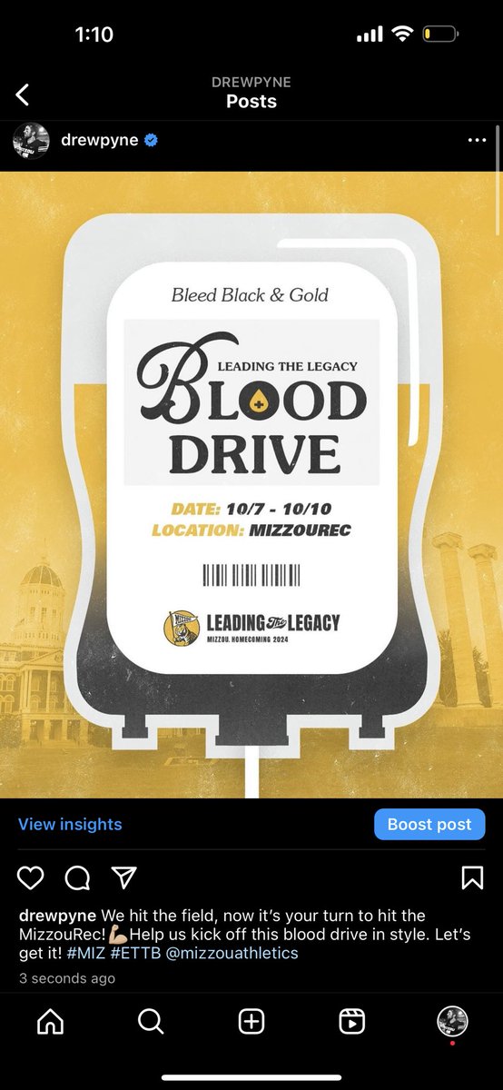 Drew Pyne (@dpyne10) on Twitter photo We hit the field, now it's your turn to hit the MizzouRec! πͺπΌHelp us kick off this blood drive in style. Let's get it! #MIZ #ETTB <a href="/mizzouathletics/">Mizzou Athletics</a> We hit the field, now it's your turn to hit the MizzouRec! πͺπΌHelp us kick off this blood drive in style. Let's get it! #MIZ #ETTB <a href="/mizzouathletics/">Mizzou Athletics</a>