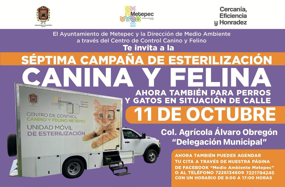 MetepecAmbiente's tweet photo. Acude a la “Séptima campaña móvil de esterilización canina y felina”, ahora también para perros y gatos en situación de calle. Agenda tu cita y fomenta la tenencia responsable de mascotas.
#CiudadanosGobernando
#MetepetFriendly https://t.co/Jf85o1XaYV