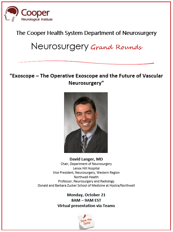 CooperNeuroSurg (@cooperneurosurg) on Twitter photo 🧠 Join us for Cooper Neurosurgery Grand Rounds on Oct 21, 8-9 AM EST with Dr. David Langer, MD! He'll discuss "Exoscope - The Future of Vascular Neurosurgery." Don't miss this insightful session!
👉 Teams link: teams.microsoft.com/l/meetup-join/…
<a href="/drdavidlanger/">Dr. David Langer</a> #NorthwellHealth #ZuckerSoM 🧠 Join us for Cooper Neurosurgery Grand Rounds on Oct 21, 8-9 AM EST with Dr. David Langer, MD! He'll discuss "Exoscope - The Future of Vascular Neurosurgery." Don't miss this insightful session!
👉 Teams link: teams.microsoft.com/l/meetup-join/…
<a href="/drdavidlanger/">Dr. David Langer</a> #NorthwellHealth #ZuckerSoM