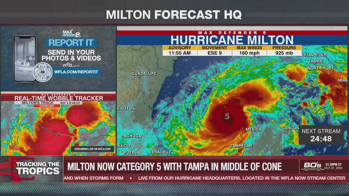 WFLA's tweet photo. #BREAKING: MILTON UP TO 175 MPH WINDS | Hurricane Milton has rapidly intensified to become one of the strongest storms on record in the Gulf of Mexico. Our #TrackingTheTropics team is answering your hashtag-based questions live. LATEST MILTON UPDATES: https://t.co/kLzXK2gE5z https://t.co/qFyqimLE9r