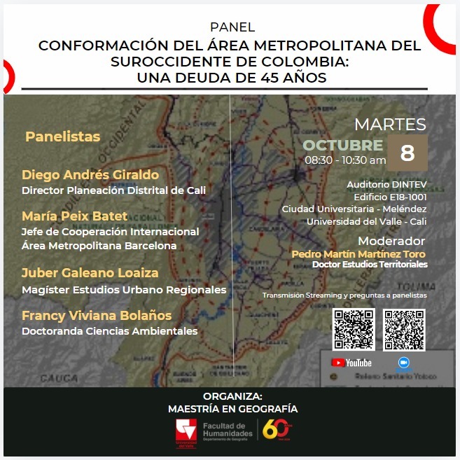 Vamos al panel
"La conformación del Área Metropolitana del Sur Occidente de Colombia: una deuda de 45 años".

Mañana
8:30 am
<a href="/UnivalleCol/">Universidad del Valle</a> Meléndez
Edif. E18 Salón 1001

Si no pueden, conectense través de los siguientes enlaces:

us02web.zoom.us/j/88101339962?…

youtube.com/@maestriaengeo…