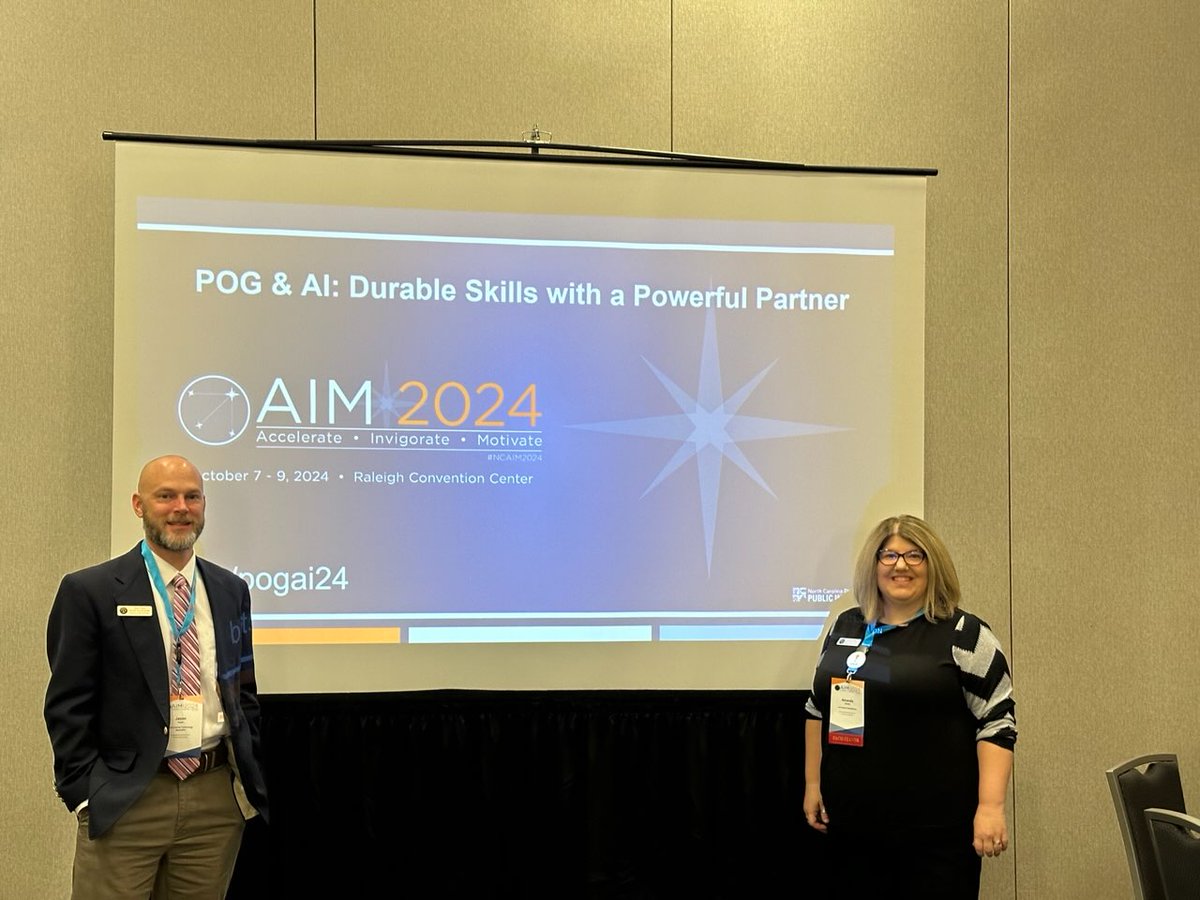 🌟 Proud of our Hickory City Schools staff! Jason Hoyle, Instructional Tech Specialist, and Amanda Gerken, Curriculum/ALGE Coordinator, are presenting on "Portrait of a Graduate and AI: Durable Skills with a Powerful Partnership" at the 2024 AIM conference in Raleigh, NC. 💡👏