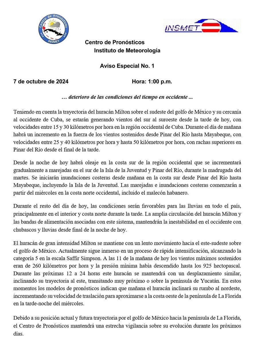 ‼️ATENCIÓN ‼️
#Cuba Emite el Centro de Pronósticos del Instituto de Meteorología Aviso Especial No 1. 
#TemporadaCiclónica2024