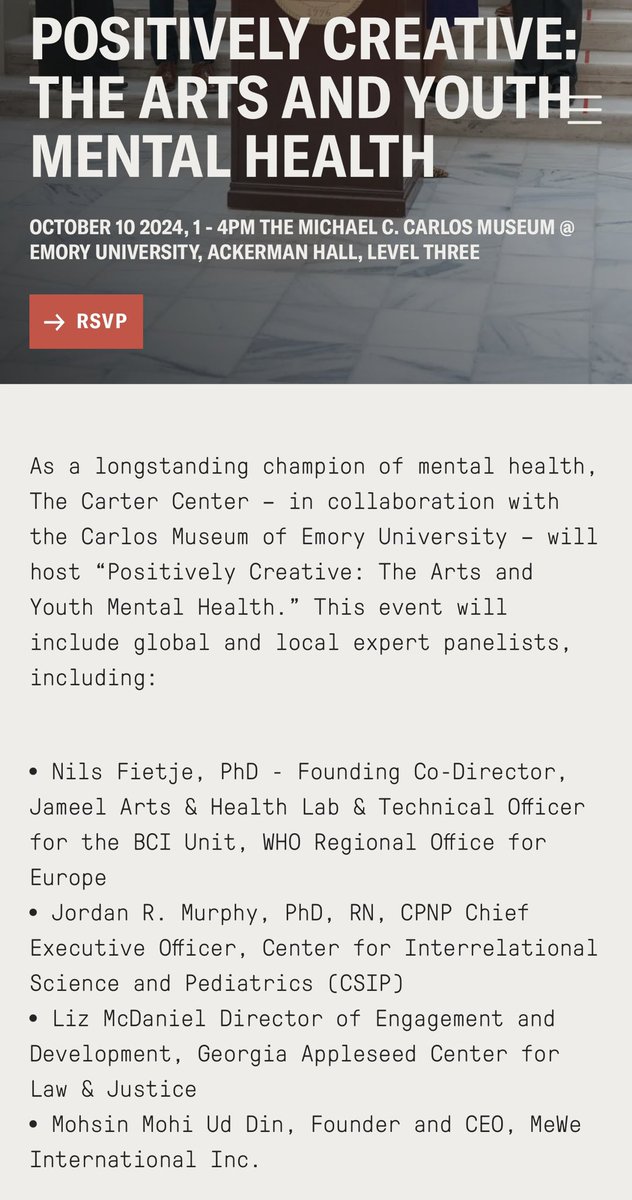 MeWeIntl's tweet image. #ATL: I’ll be joining @CarterCenter @WHO to speak about my community work on #arts #storytelling &amp;amp; #mentalhealth with @meweinternational . Free x open. Register to join me @carlosmuseum  @EmoryUniversity on #worldmentalhealthday 10 OCT 1pm. #CeaseFireNOW

eventactions.com/eareg.aspx?ea=…