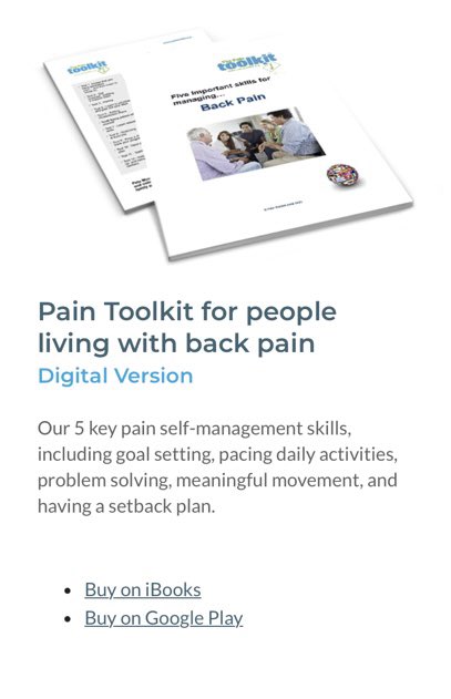 paintoolkit2's tweet photo. Back Pain Toolkit for people living with back pain
Digital Version
5 key pain self-management skills, including goal setting, pacing daily activities, problem solving, meaningful
https://t.co/loMFKayWeb
#BackCareWeek https://t.co/ZsAGeTBopC