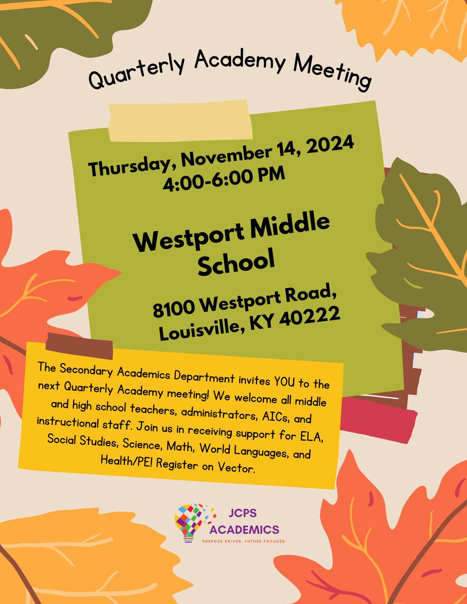JCPSAcademics (@jcpsacademics) on Twitter photo Fall 🍁🍂 in love with learning! What are you doing on November 14th? Save the date, grab a buddy, and come to the next Quarterly Academy! The Academics Department is ready to support you!🍂🍁
#QuarterlyAcademy #Learning
@JCPS_CAO <a href="/SFosterJCPS/">Shalonda Foster</a> <a href="/DrDeNaySpeaks/">Dr. De'Nay Speaks</a> Fall 🍁🍂 in love with learning! What are you doing on November 14th? Save the date, grab a buddy, and come to the next Quarterly Academy! The Academics Department is ready to support you!🍂🍁
#QuarterlyAcademy #Learning
@JCPS_CAO <a href="/SFosterJCPS/">Shalonda Foster</a> <a href="/DrDeNaySpeaks/">Dr. De'Nay Speaks</a>