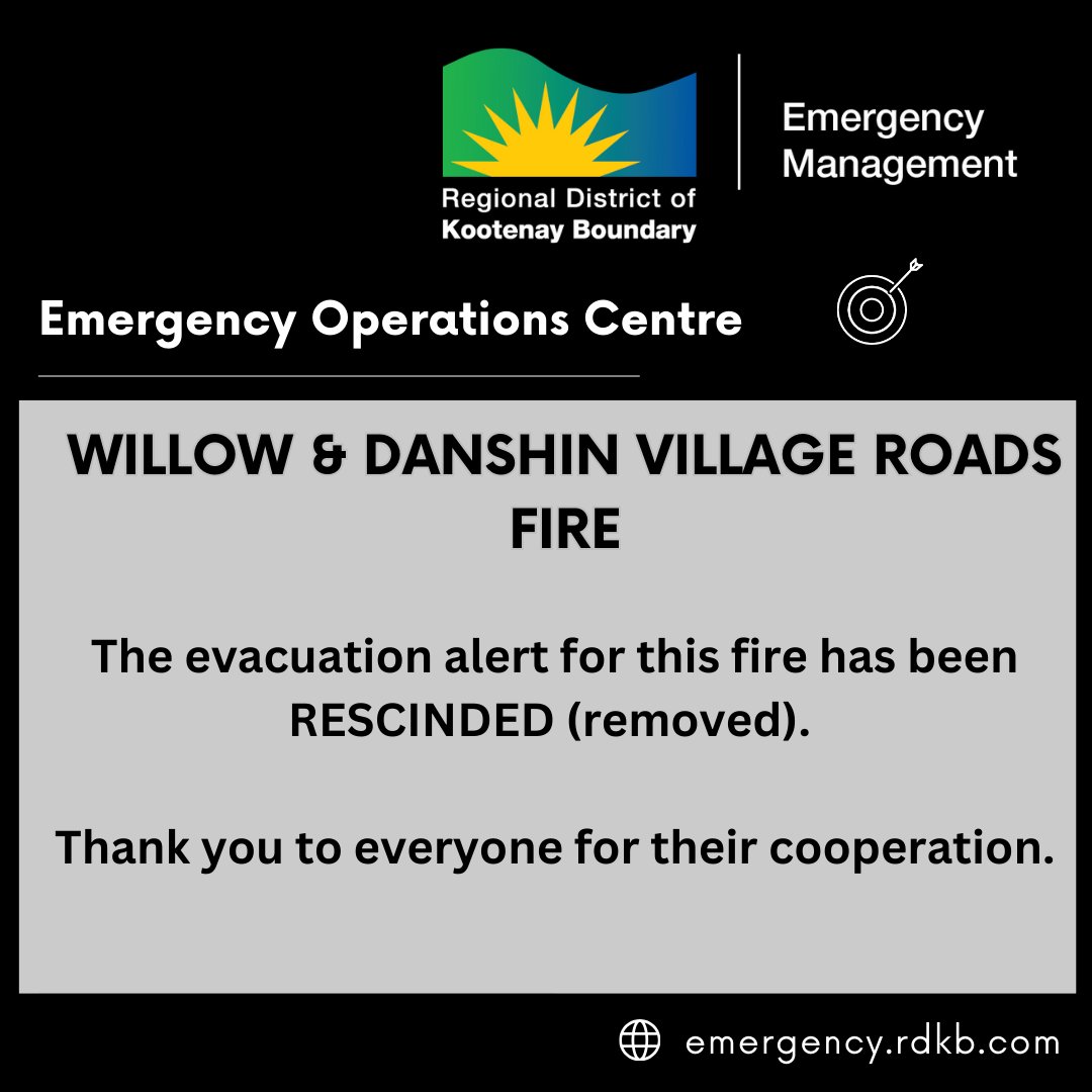WILLOW &amp; DANSHIN VILLAGE ROADS: The #RDKB has rescinded the evacuation alert for this fire. Thanks to everyone for your cooperation.