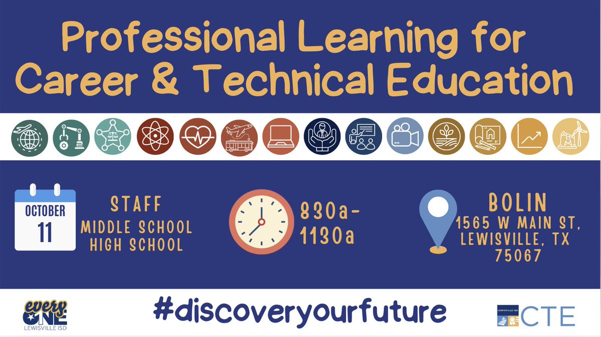lisdcte's tweet photo. 📣 Don't forget - CTE annual Professional Learning - We will be meeting together as a CTE team with all main campus MS &amp; HS instructors. #CTErowstogether ⛵️

🗓️ October 11, 2024
⏰ 830a-1130a
📍Bolin Professional Learning Center
(1565 W Main St - Suite E, Lewisville, TX 75067) https://t.co/0M2sG6PPen