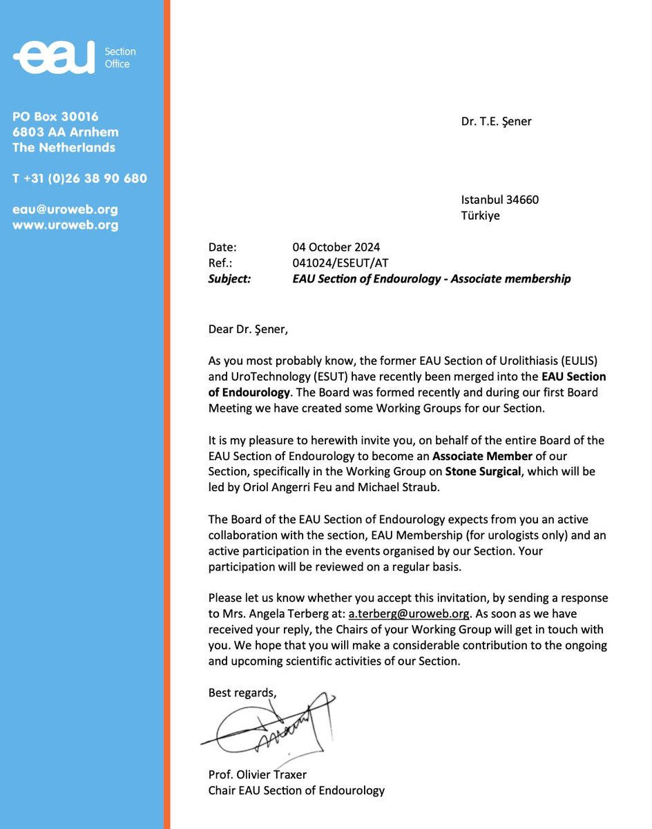 T. Emre Sener (@dremresener) on Twitter photo Honored & thrilled to be invited as an Associate Member of the Working Group on Stone Surgical in the EAU Section of Endourology! A big thank you to Professor <a href="/OTRAXER/">Olivier Traxer</a> for this incredible opportunity. Excited to collaborate and contribute to advancing stone surgery! #Endourology Honored & thrilled to be invited as an Associate Member of the Working Group on Stone Surgical in the EAU Section of Endourology! A big thank you to Professor <a href="/OTRAXER/">Olivier Traxer</a> for this incredible opportunity. Excited to collaborate and contribute to advancing stone surgery! #Endourology