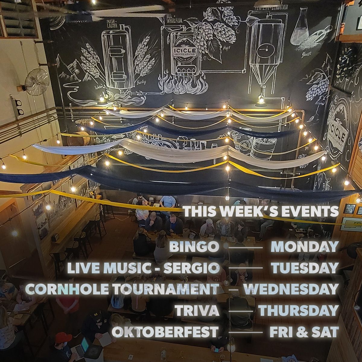Join us at our taproom this week for Bingo tonight, Live tunes Tuesday, Cornhole Tournament Wednesday, and Trivia Thursday! All of these events start at 6pm, so don't be late!