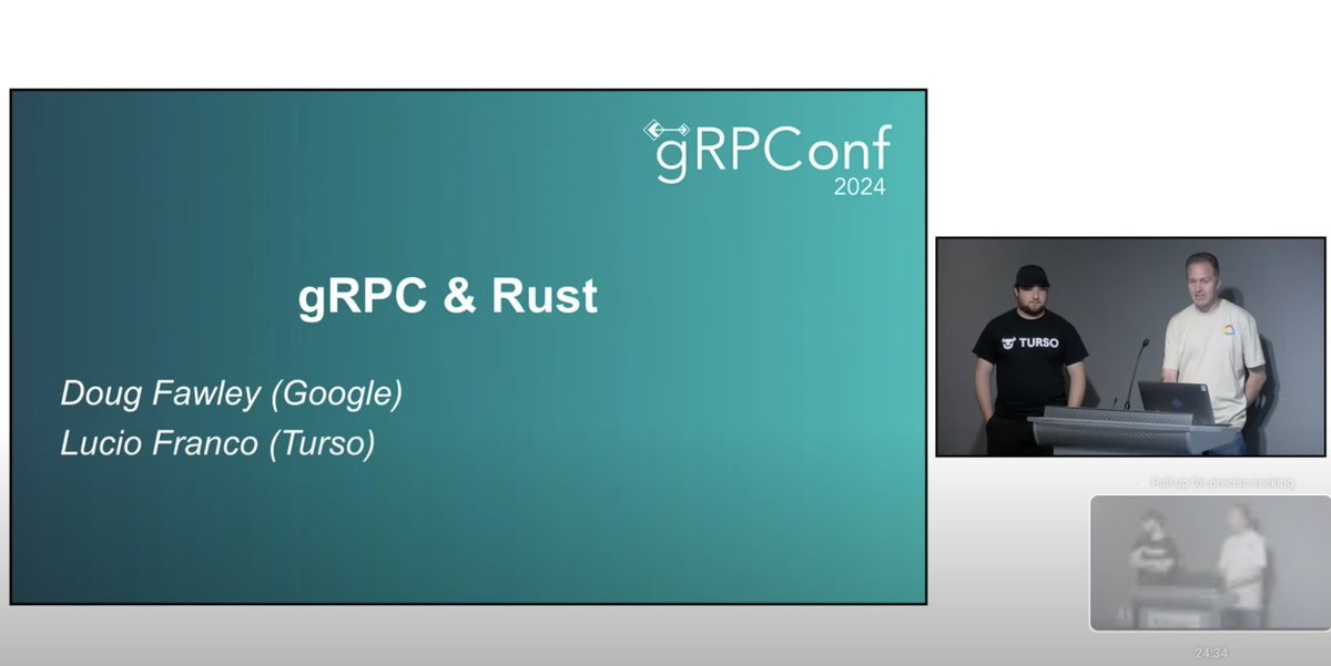 Turso (@tursodatabase) on Twitter photo Take your network applications to the next level with gRPC Rust.
Talk by <a href="/lucio_d_franco/">Lucio Franco</a>, and Doug now available π
youtube.com/watch?v=ux1xoU⦠Take your network applications to the next level with gRPC Rust.
Talk by <a href="/lucio_d_franco/">Lucio Franco</a>, and Doug now available π
youtube.com/watch?v=ux1xoUβ¦