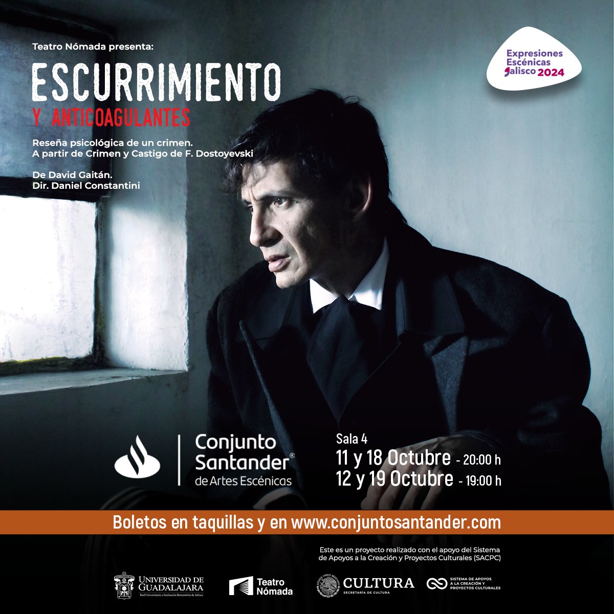 Vuelve al teatro la versión de 'Crimen y Castigo'. Raskólnikov busca cambiar el mundo con una tesis extrema donde hay personas superiores que pueden romper las reglas. Su crimen, sin embargo, lo sumerge en una espiral de culpa que lo lleva a buscar redención en el <a href="/ConjSantander/">Conjunto Santander</a>