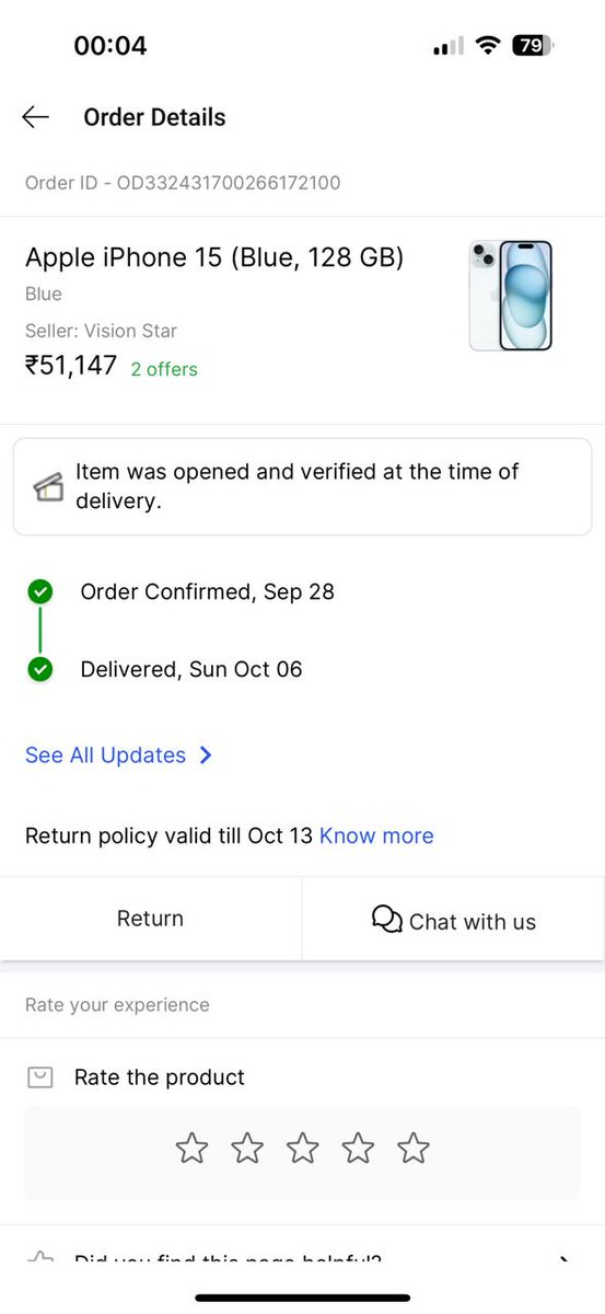 aman09141's tweet photo. Order no. OD332431700266172100 was placed on @Flipkart @flipkartsupport  #fraudkart of Iphone 15 blue colour. The order was delivered of green colour Iphone 15. Surprisingly the bill is of blue colour and the imei number is of the delivered box (green). Now no solution is given. https://t.co/Nv40zKFfvY