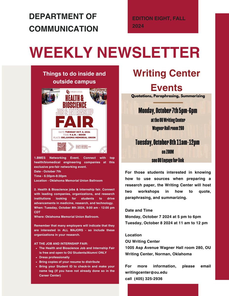 Good afternoon, the Comm Dept Newsletter will inform you about the activities, events, etc., that will happen during this week, Oct 7- 11, 2024! Part 2