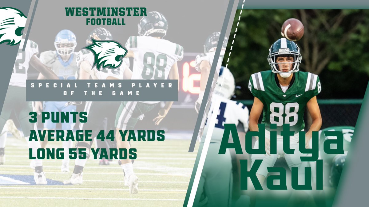 Westminster Football (@wildcatfbatl) on Twitter photo Congratulations to <a href="/AdityaKaul2026/">Aditya Kaul</a> for being named as our Special Teams Player of the Game for his performance against Cambridge on Friday Night! #FAMILY Congratulations to <a href="/AdityaKaul2026/">Aditya Kaul</a> for being named as our Special Teams Player of the Game for his performance against Cambridge on Friday Night! #FAMILY