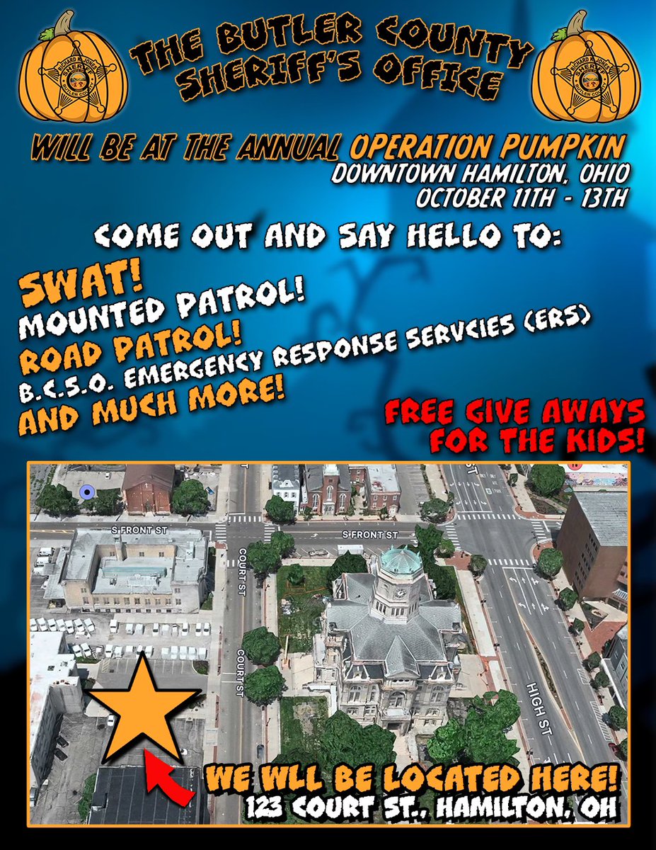 You can find the Butler County Sheriff's Office at this year's Operation Pumpkin! The festival runs from October 11th - 13th this year, so make sure you swing by 123 Court Street and say hello to us!
