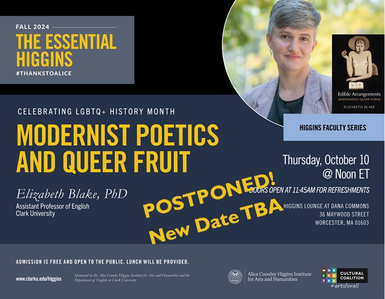 Regretfully, we have had to postpone this week's talk by <a href="/ClarkUniversity/">Clark University</a> faculty member Elizabeth Blake. A new date will be announced very soon. We appreciate your understanding.