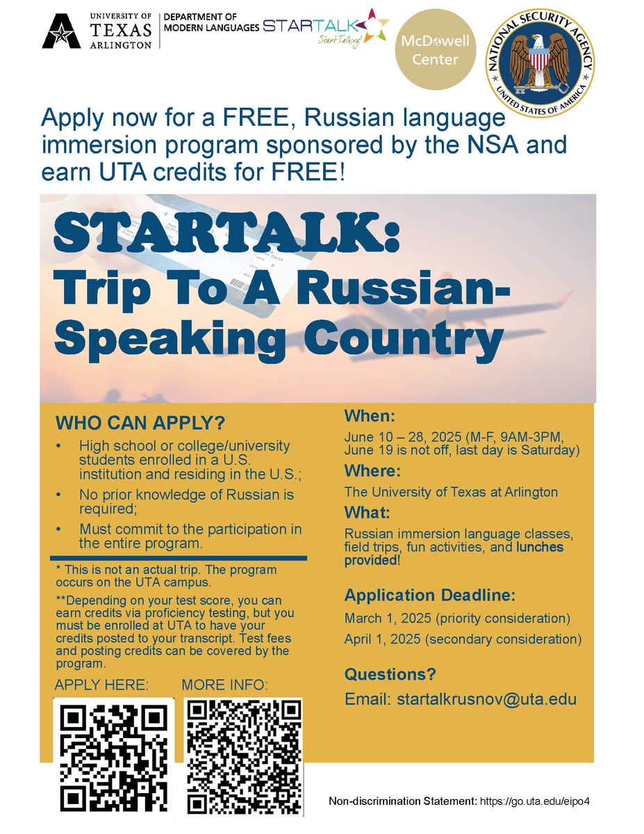 Application is now open for 2025 Beginning-level STARTALK program at UTA this summer! 

No prerequisites, all expenses paid for by the NSA, students may be eligible to earn UTA credits for free! 

uta.edu/academics/scho…