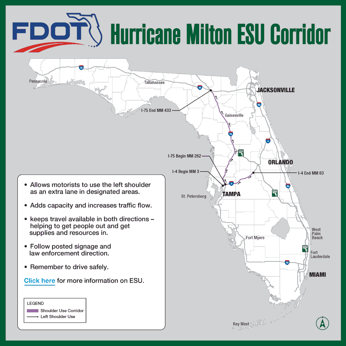 To help facilitate evacuations for #HurricaneMilton, Emergency Shoulder Use (ESU) plans are actively being put in place for Eastbound I-4 and portions of Northbound I-75. Law enforcement and signage will alert motorists on when to enter and exit the shoulder. Learn more about ESU