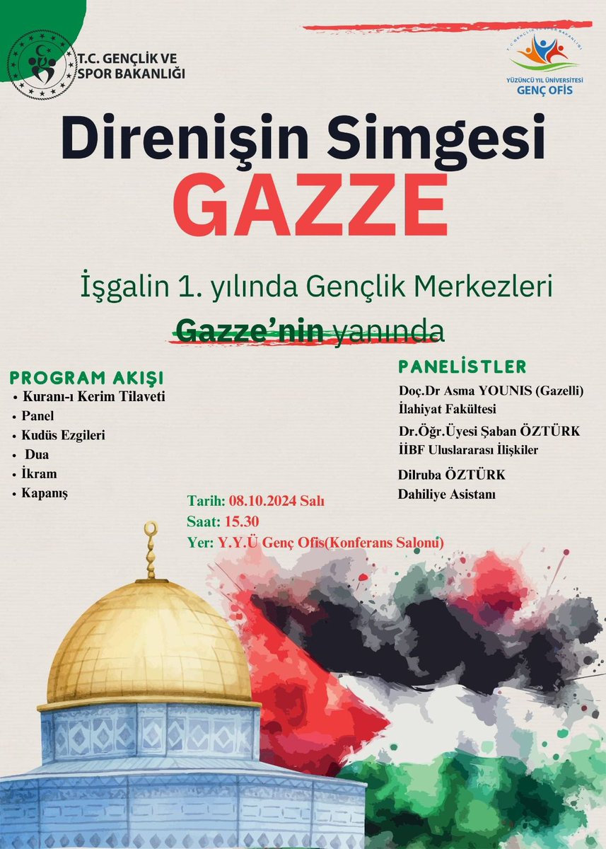 YYÜ #GençOfis
İşgalin Birinci Yılında Gençlik Merkezleri #Gazze nin Yanında.
Tüm Gençlerimizi bekleriz.👇