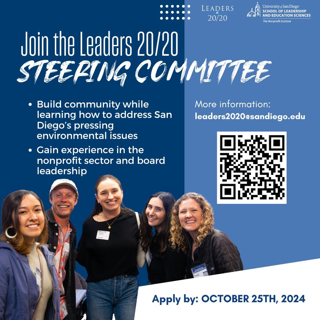 Are you passionate about sustainability and learning about San Diego’s top climate and environmental issues? Apply to be a Leaders 20/20 Steering Committee Member!

Applications are due on October 25th:
buff.ly/3TZrxmS 

Email any questions to leaders2020@sandiego.edu