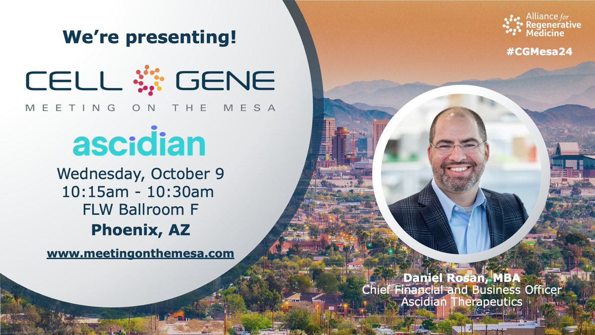 #TeamAscidian is thrilled to be <a href="/alliancerm/">Alliance for Regenerative Medicine (ARM)</a>'s #CGMesa24 in Arizona.🌵Join us Wednesday morning as our Chief Financial &amp; Business Officer, Daniel Rosan, takes the podium to share the latest on all things #RNAExonEditing. Don't miss it—see you there!