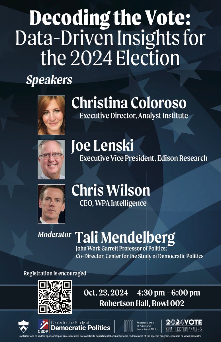 Princeton | CSDP (@princeton_csdp) on Twitter photo Join our distinguished panel of experts as they explore the role of data and analytics in the 2024 election campaigns! Details ⬇️
csdp.princeton.edu/events/decodin…
<a href="/PrincetonSPIA/">Princeton School of Public & International Affairs</a> <a href="/PUPolitics/">Princeton Politics</a> <a href="/CmColoroso/">Christina M Coloroso</a> <a href="/JoeLenski/">Joseph Lenski</a> @WilsonWPA <a href="/TMendelberg/">Tali Mendelberg</a> Join our distinguished panel of experts as they explore the role of data and analytics in the 2024 election campaigns! Details ⬇️
csdp.princeton.edu/events/decodin…
<a href="/PrincetonSPIA/">Princeton School of Public & International Affairs</a> <a href="/PUPolitics/">Princeton Politics</a> <a href="/CmColoroso/">Christina M Coloroso</a> <a href="/JoeLenski/">Joseph Lenski</a> @WilsonWPA <a href="/TMendelberg/">Tali Mendelberg</a>