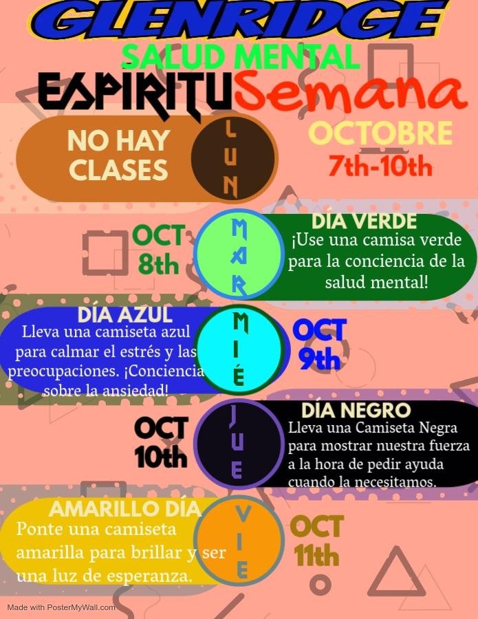 Hello Mustangs!

  October 8, 2024 - October 11, 2024, we'll celebrate Mental Health Awareness Week with a Spirit Week! 

We celebrate Mental Health Week because just like there is the health of your body, there is the health of your mind and feelings!