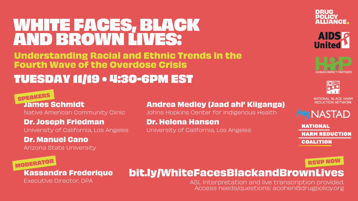 Sheila Vakharia PhD MSW (@myharmreduction) on Twitter photo NEXT WEEK: Nov 19th 4:30-6pm EST
Join <a href="/DrugPolicyOrg/">Drug Policy Alliance</a>, <a href="/NASTAD/">NASTAD</a>, <a href="/HarmReduction/">National Harm Reduction Coalition</a>, <a href="/AIDSUnited/">AIDS United</a>, <a href="/HumanImpact_HIP/">Health in Partnership</a>, and the National Black Harm Reduction Network for this informative and engaging panel on racial disparities in the overdose crisis.
RSVP: bit.ly/WhiteFacesBlac… NEXT WEEK: Nov 19th 4:30-6pm EST
Join <a href="/DrugPolicyOrg/">Drug Policy Alliance</a>, <a href="/NASTAD/">NASTAD</a>, <a href="/HarmReduction/">National Harm Reduction Coalition</a>, <a href="/AIDSUnited/">AIDS United</a>, <a href="/HumanImpact_HIP/">Health in Partnership</a>, and the National Black Harm Reduction Network for this informative and engaging panel on racial disparities in the overdose crisis.
RSVP: bit.ly/WhiteFacesBlac…