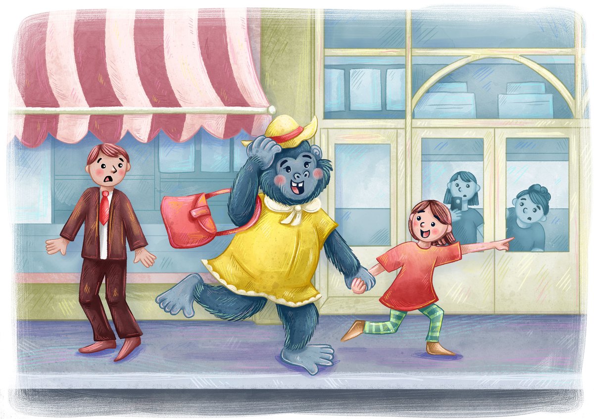 BridgetAcreman's tweet photo. Chiku the chatty gorilla visits her penpal Marie in France and loves all of the fun fashion shops! She bought herself a cute new hat and handbag! 

#kidlit #scbwi #scbwiaustralia #childrensbookillustration #childrensbookillustrator https://t.co/3P0CzaoxMf