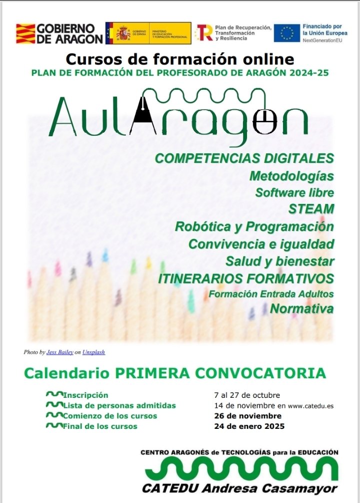 📢Publicada la primera convocatoria de Aularagón del curso 2024/25
📝Inscripciones: Doceo hasta el 27 de octubre.
📋Lista de admitidos/as: 14 de noviembre en catedu.es
🤓Cursos:  del 26 de noviembre al 24 de enero.
ℹ️ Más info en catedu.es <a href="/catedu_es/">CATEDU</a>