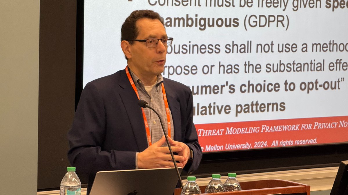 Prof. <a href="/NormSadeh/">Sadeh</a>, Co-Director of CMU's Privacy Engineering master's program, discusses his research on UsersFirst — a user-centric framework for #privacy notice and choice — at today’s <a href="/IEEEorg/">IEEE</a>, <a href="/IEEEDigiPrivacy/">IEEE Digital Privacy</a> Digital Privacy Workshop (DPW), co-located with 2024 <a href="/ieeesecdev/">IEEE Secure Development</a>.