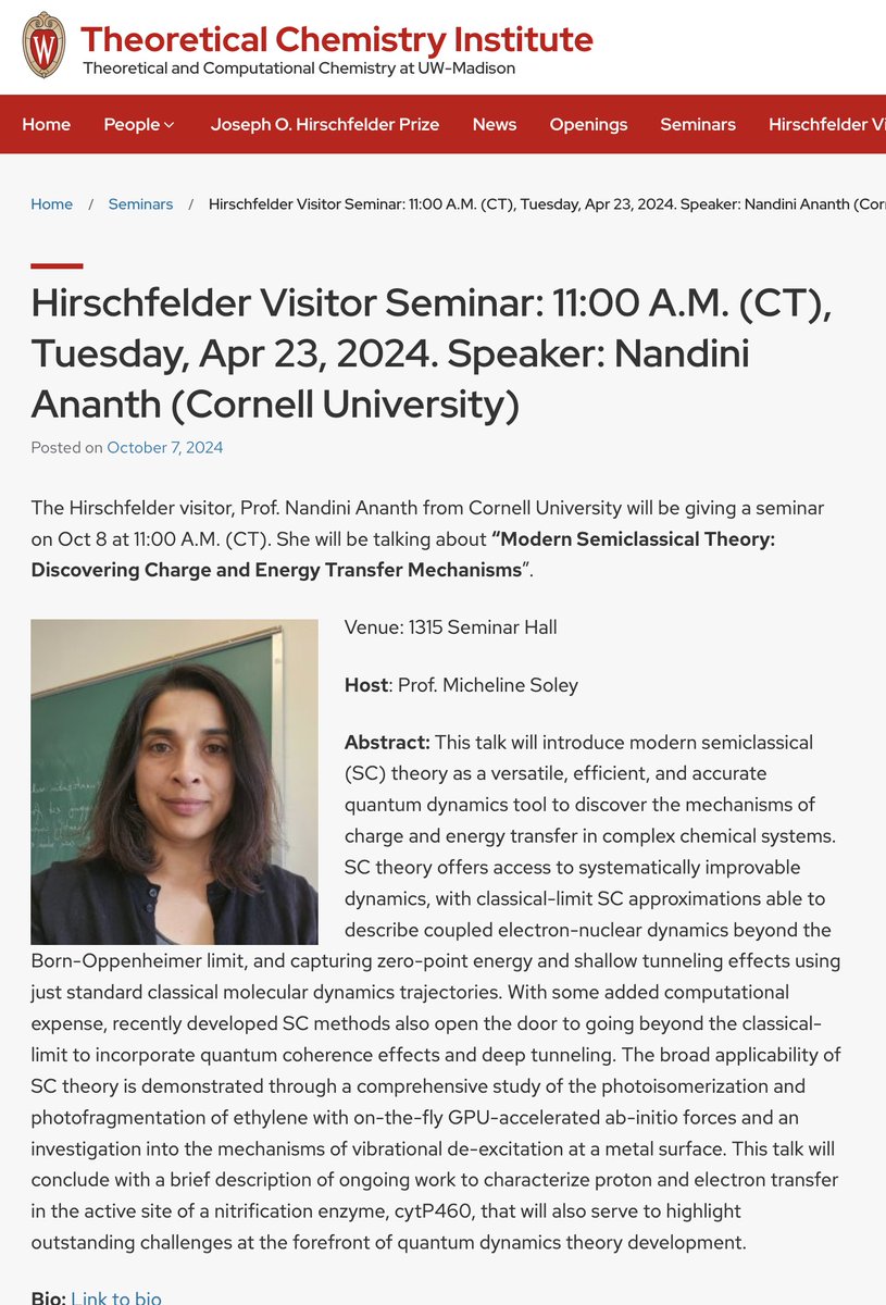 TCI UW-Madison (@tci_uw_madison) on Twitter photo Our next Hirschfelder Visitor is Prof. Nandini Ananth
from <a href="/CornellChem/">CornellChemistry</a> hosted by <a href="/MichelineSoley/">Micheline Soley</a>. She will speak about modern semiclassical theory at 11 am, Oct 8 (tomorrow)! List of past TCI Hirschfelder Visitors: tci.chem.wisc.edu/hirschfelder-v… Our next Hirschfelder Visitor is Prof. Nandini Ananth
from <a href="/CornellChem/">CornellChemistry</a> hosted by <a href="/MichelineSoley/">Micheline Soley</a>. She will speak about modern semiclassical theory at 11 am, Oct 8 (tomorrow)! List of past TCI Hirschfelder Visitors: tci.chem.wisc.edu/hirschfelder-v…