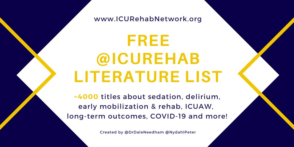 The <a href="/icurehab/">Hopkins ICU Rehab</a> literature list is updated again!
More than 400 pages including titles and links!

Early Mobilization, sedation, ICUAW, delirium, patients' experiences, and more!
Thanks to <a href="/DrDaleNeedham/">Dale Needham, MD, PhD</a> 
icurehabnetwork.org/resources/