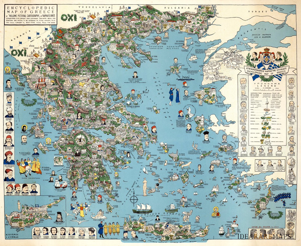 Encyclopedi map of Grrece by Vargas Bros. New York, 1962.

A stunning pictorial map of #Greece dedicated to “a great philhellene the honorable John F. Kennedy president of #USA”

Can you find #JFK 's portrait in the map?