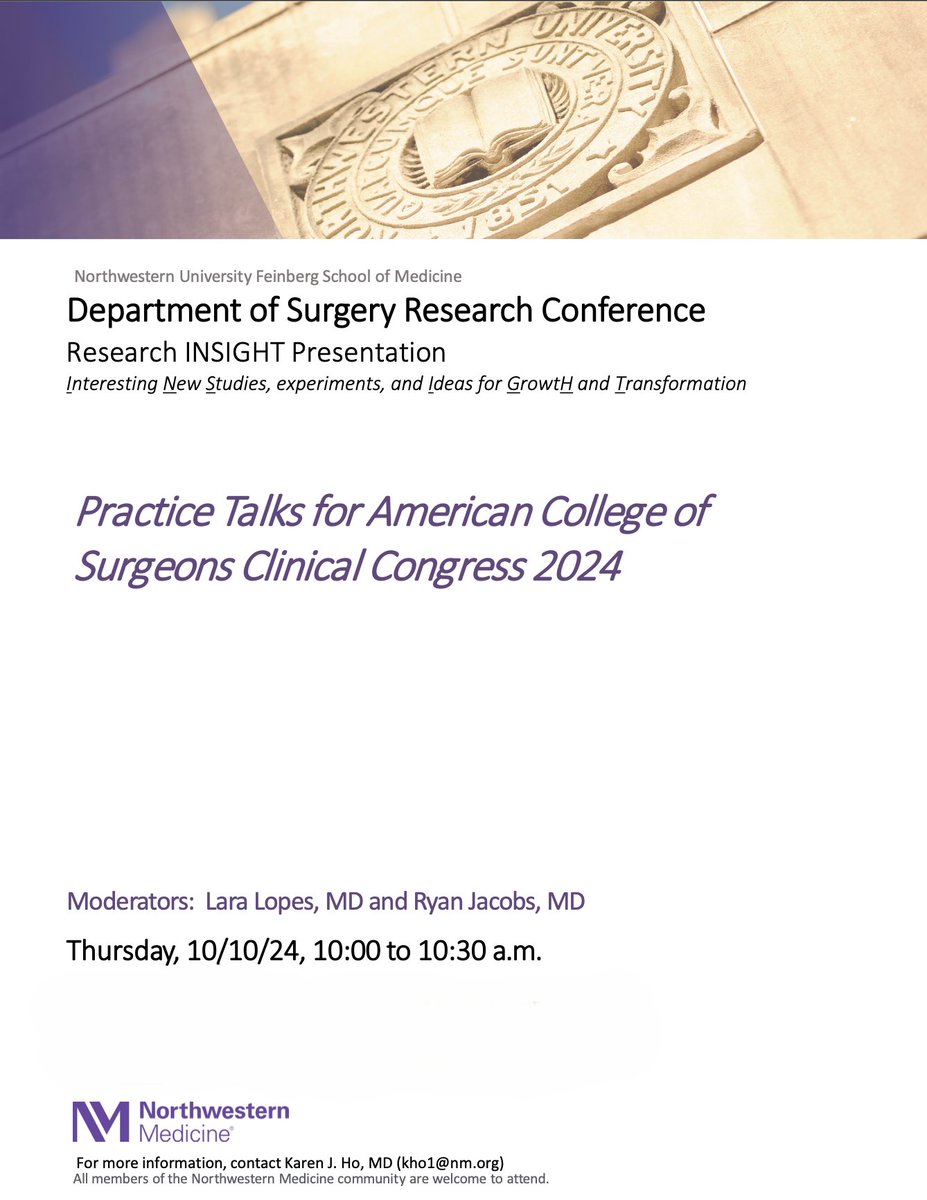 Northwestern Surgery (@nmsurgery) on Twitter photo Join us this Thursday, October 10 for a Department of Surgery Research Conference Research INSIGHT Presentation (at 10am, right after the Toolkit talk with <a href="/kibbemr/">Melina Kibbe</a>) . There will be Practice Talks for the #ACSCC24 with moderation by <a href="/LaraLopesMD/">Lara Lopes, MD MS</a> and <a href="/RyanJacobsMD/">Ryan Jacobs, MD MS</a> Join us this Thursday, October 10 for a Department of Surgery Research Conference Research INSIGHT Presentation (at 10am, right after the Toolkit talk with <a href="/kibbemr/">Melina Kibbe</a>) . There will be Practice Talks for the #ACSCC24 with moderation by <a href="/LaraLopesMD/">Lara Lopes, MD MS</a> and <a href="/RyanJacobsMD/">Ryan Jacobs, MD MS</a>