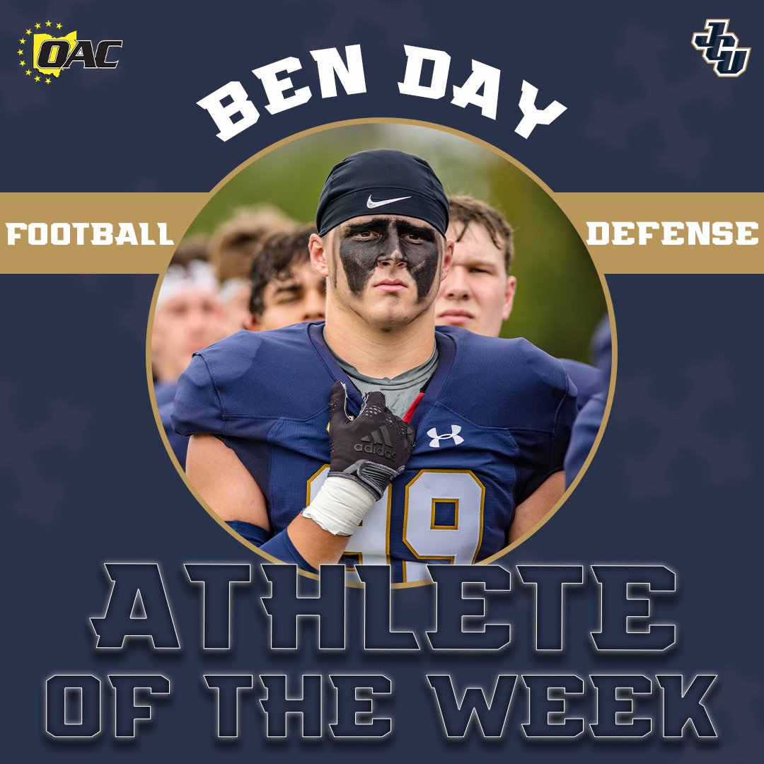 John Carroll Sports (@jcusports) on Twitter photo FB: Ben Day is the OAC Defensive Athlete of the Week!
The <a href="/bbhathletics/">BEES ATHLETICS</a> alum guided the defense vs. Muskingum with 5 tackles, 2 sacks, 2 TFL, and 3 PDs. More on the junior's outstanding week ⤵️
📰 jcusports.com/news/2024/10/7… FB: Ben Day is the OAC Defensive Athlete of the Week!
The <a href="/bbhathletics/">BEES ATHLETICS</a> alum guided the defense vs. Muskingum with 5 tackles, 2 sacks, 2 TFL, and 3 PDs. More on the junior's outstanding week ⤵️
📰 jcusports.com/news/2024/10/7…