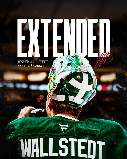 Promotional image featuring a Jesper Wallstedt in a green jersey, viewed from the back, and the text "EXTENDED, Jesper Wallstedt, 2 YEARS, $2.2AAV" overlaid in red and white.