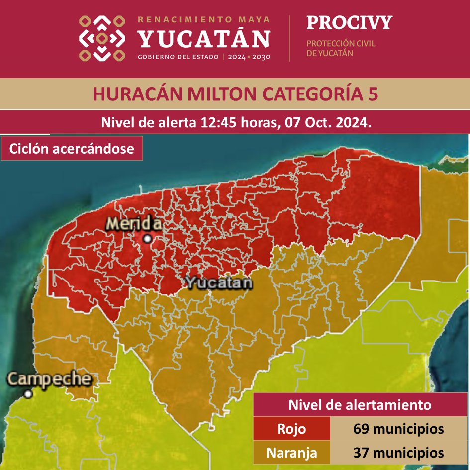#AVISO 

ALERTA ROJA 🔴 para los municipios del centro, norte, noreste, noroeste y oeste de #Yucatán.

ALERTA NARANJA 🟠 para los municipios del este y sur de #Yucatán.

Ante la cercanía del #Huracán #Milton categoría 5, el Sistema Nacional de #ProtecciónCivil ha... (1/2)