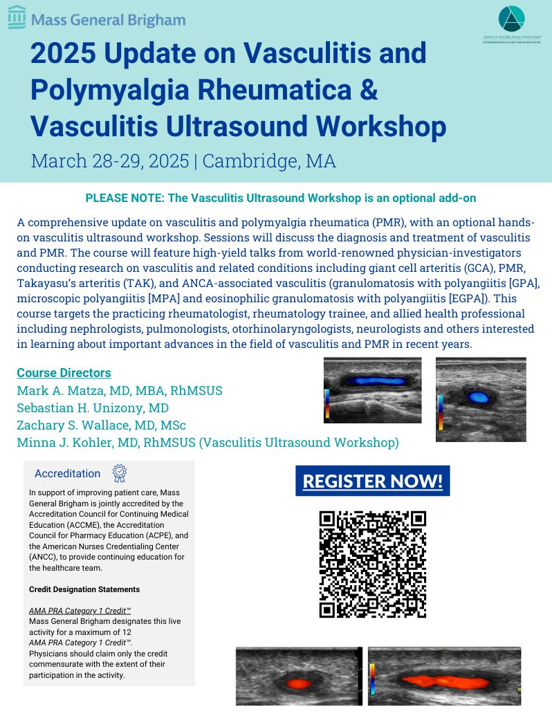 🚨 Join top experts for the 2025 Vasculitis &amp; Polymyalgia Rheumatica Update! Join us on March 28-29, 2025 to discuss new treatments, diagnostic tools &amp; patient outcomes. #RheumatologyCME #Vasculitis
Register Today! cpdlearn.massgeneralbrigham.org/course/2025-up…
