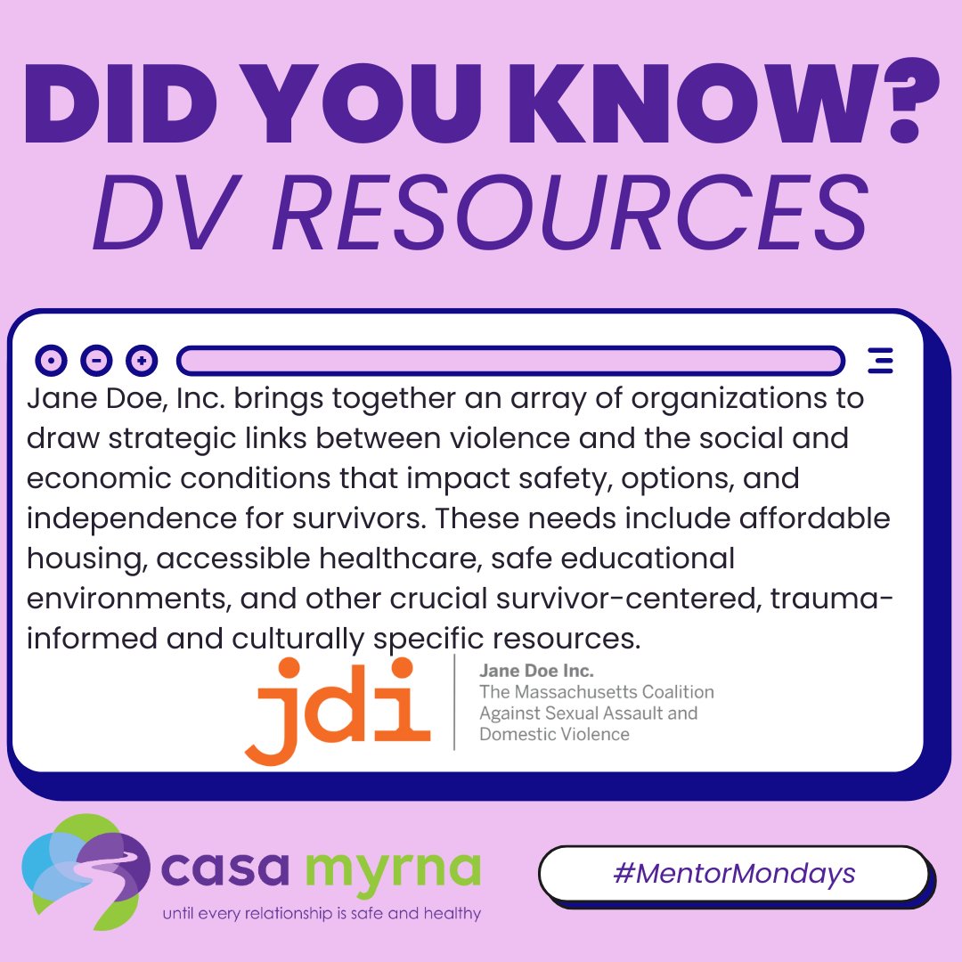 Casa Myrna (@casamyrna) on Twitter photo #MentorMondays: <a href="/janedoe/">Jane Doe Inc.</a> works with coalition members and public and private partners to foster safe and healthy relationships and communities. janedoe.org/find_help/ #DomesticViolenceAwarenessMonth #DVAM2024 #DVAM #StandWithSurvivors #Community #EndAbuse #BreakTheCycle #MentorMondays: <a href="/janedoe/">Jane Doe Inc.</a> works with coalition members and public and private partners to foster safe and healthy relationships and communities. janedoe.org/find_help/ #DomesticViolenceAwarenessMonth #DVAM2024 #DVAM #StandWithSurvivors #Community #EndAbuse #BreakTheCycle