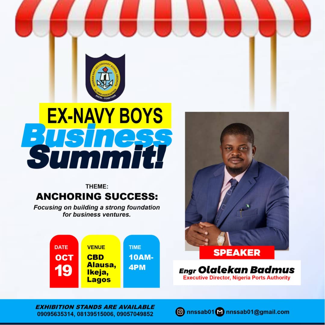 adedunmade's tweet photo. Navy Secondary School Alumni Hosts Business Summit; Invites General Public! 

The Nigerian Navy Secondary School (NNSSABK) Alumni @nnssabk01 is pleased to invite entrepreneurs, businesses, founders, SMEs, professionals and business organizations to the Ex-Navy Boys Business Summit! 

Our alumni have always been at the forefront of driving positive change. This summit is a platform to harness our collective expertise and resources to foster national development. By empowering small business owners and aspiring entrepreneurs, we aim to create a ripple effect that will benefit our communities and the nation at large. 

The Business Summit promises to be an enriching and dynamic event for all attendees. Keynote Speaker is Chairman/CEO, Nord Motors, Mr.Ajayi Oluwatobi. Other speakers include; Abiodun Oshodi - Africa MD, ILF Engineering; Jimi Ogbobine, MD Agusto Consulting; 
Adebola Omololu, CEO, GFA Technologies; Engr Olalekan Badmus, Executive Director, Nigeria Ports Authority; Pastor Stephen Ebenordi, Christ Dominion Bible Church; Arc. Bayo Oyenuga; Mr Olaniji Aisida Executive Director, Nigeria CNG Transport Solutions. 

Also Speakers are from diverse areas of specialty and enterprise including Ayo Aiyeleye MSc, PMP, Finance & Innovation; Eronmosele Agbator, IT management professional and Agilist; Tobechukwu John-Paul Iwuoha, Business Strategy & Management Consultant to mention a few. 

Here's what you can expect at the Business Summit; 

Networking Opportunities:
Connect with a diverse group of entrepreneurs, business leaders, founders, SMEs, and business organizations. 

Insightful Sessions:
Gain insights from industry experts and thought leaders through engaging sessions and panel discussions. 

Exhibition Stands:
Explore a variety of exhibition stands showcasing innovative products and services. 

Business Presentations:
Hear from fellow entrepreneurs and business owners as they present their ventures. 

Community Engagement:
Join a supportive community of like-minded individuals who are passionate about business and growth. 

Join us on October 19, 2024,for a day of networking, learning, and growth. Whether you're attending in person or virtually, this is an event you won't want to miss!

More details; 
Date: Saturday, 19th October, 2024 
Venue: Adeyemi Bero Auditorium, Alausa, Ikeja. 
Time: Registration opens at 9am. 

Panel Session 1: 
Topic: Building A Business: Financial planning, risk management, and sustainable growth strategies. 

Session 2: 
Topic: Charting a Course: Business Innovation: Innovative thinking, market trends and creative problem-solving. 

Look forward to more sessions, fireside chats, business showcase and exhibitions. 

Let's come together to **anchor success** and build a strong foundation for business ventures. Register now and be part of this transformative experience! 

Registration link; https://t.co/l6QTwQutHH 

Get an exhibition stand; https://t.co/WCJ7awZT2k 

Don't miss out on this opportunity to grow, learn, and connect. We look forward to seeing you at the Ex-Navy Boys Business Summit! 

For: NNSSABK 2001 Set Alumni
#NNSSABKBusinessSummit #AnchoringSuccess #EconomicEmpowerment #NationalDevelopment #GivingBack